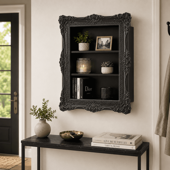 Solid Wood Relief Display Shelf, Vintage Black Carved Storage Rack, Gothic Style Wooden Organizer for Essential Oils, Aromatherapy, Home Decor & Collection Display