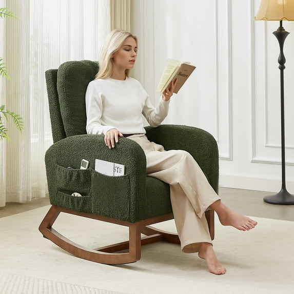 Solid Wood Rocking Nursery Glider - Plush Teddy Fabric, High Back Nursing Chair (Green)