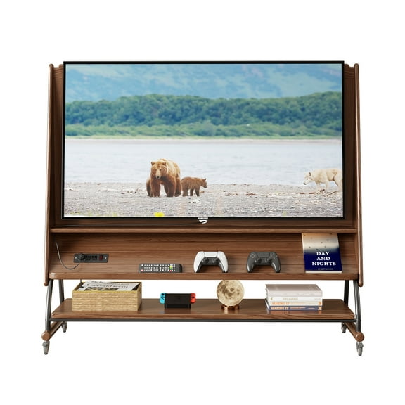 Solid Wood Rolling TV Stand for TVs up to 65", Media Console Tv Cart with Wheels, Mid Century Entertainment Center with Storage for Living Room & Office, Walnut
