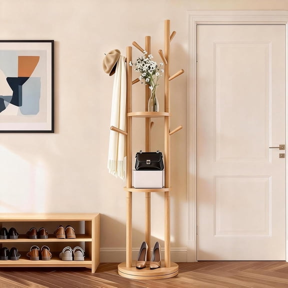 Solid Wood Rotary Coat Rack, Coat Rack Freestanding with 3 Storage Shelves & 9 hooks, Coat Tree for Entryway, Livingroom, Bedroom, Coat Hanger Stand for Coats, Scarves, Handbags, Hat (Natural)