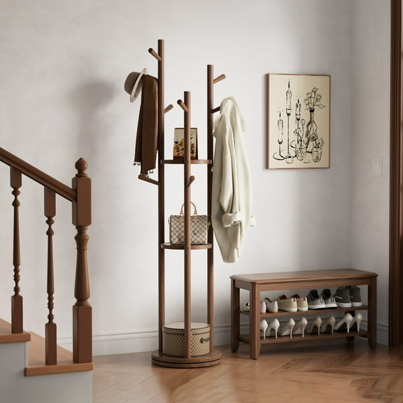 KASLANDI Solid Wood Rotary Coat Rack with 3 Shelves & 9 Hooks, Freestanding Hall Tree Stand, Coat Tree for Entryway, Living Room, Walnut