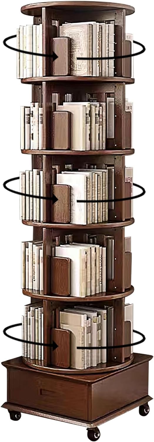 Solid Wood Rotating Book Shelf, 360° Display Bookcase with Drawer, 5