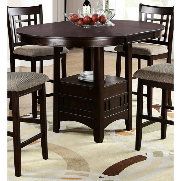 Solid Wood Round Dining Table In Dark Rosy Brown With Storage And Leaf Modern Counter Height Top