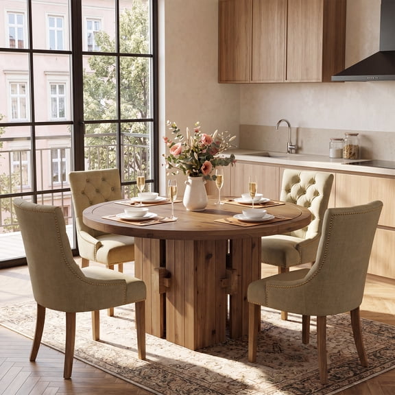 Solid Wood Round Dining Table for 4-6, 47-Inch Farmhouse Kitchen Table with Spacious Tabletop, Double Pedestals, Heavy-Duty, Rustic Brown
