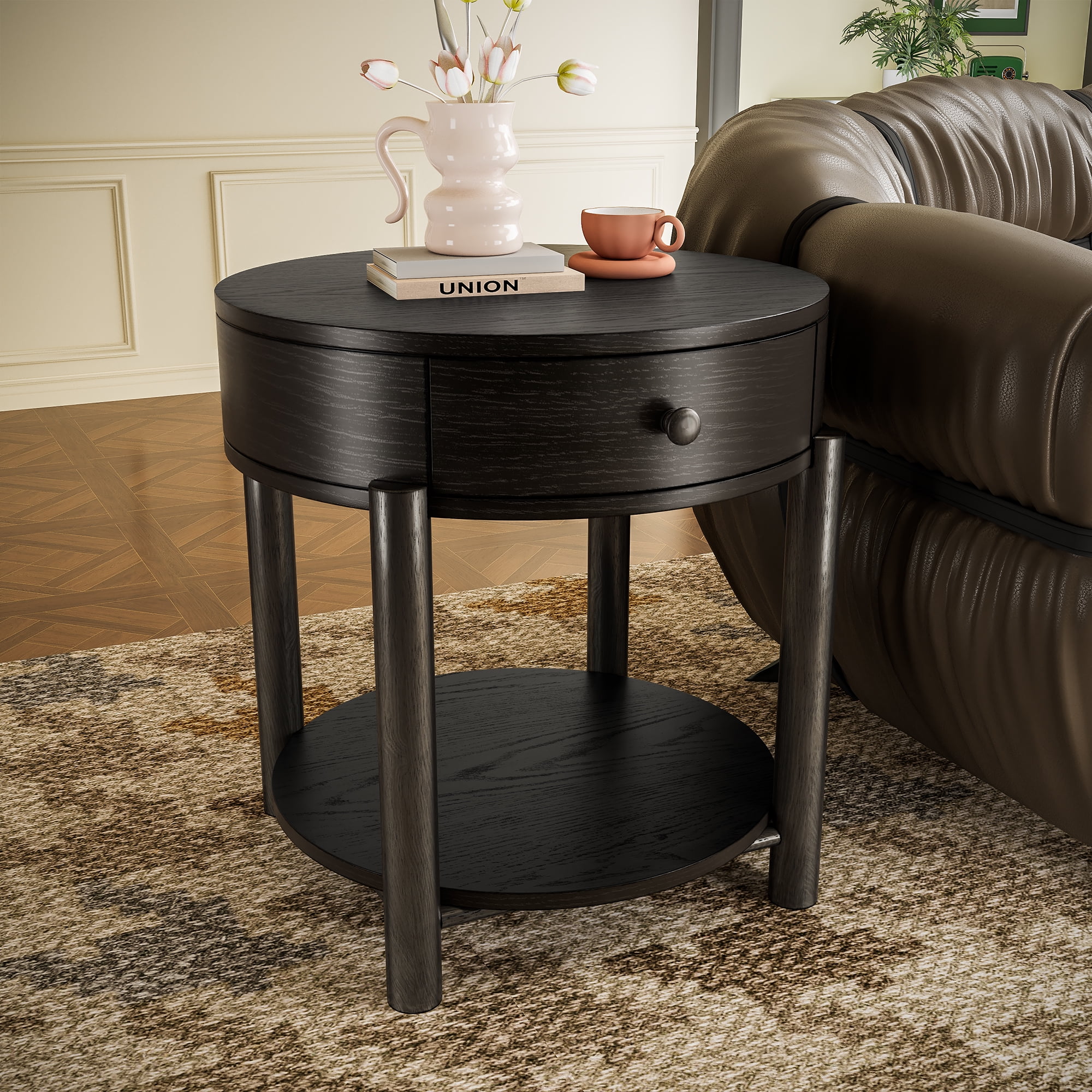 Solid Wood Round End Table with Drawer Modern Minimalist Sofa Side ...