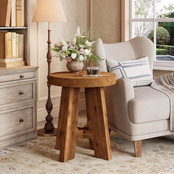 Solid Wood Round End Table, Farmhouse Round Side Table with Heavy-Duty Legs for Living Room, Small Spaces, Brown