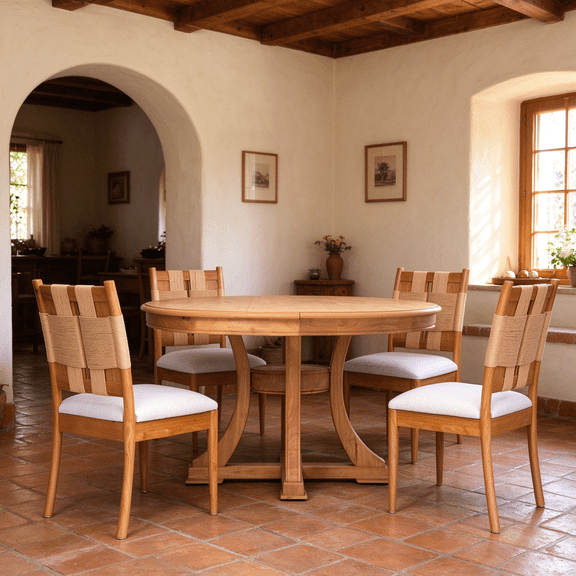 Solid Wood Round Extendable Dining Table Set 5-Piece with Woven Back Chairs, Natural Oak Finish, 4 Upholstered Seats for Kitchen
