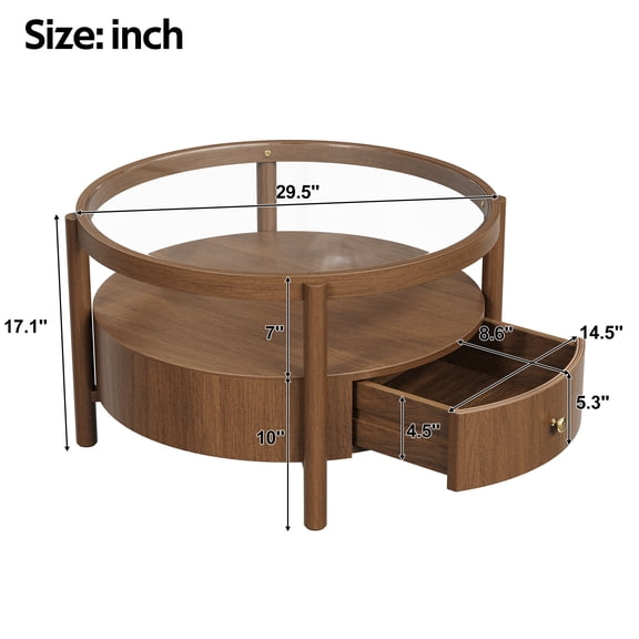 Solid Wood Round Glass Top Coffee Table with Storage Drawer, 2-Tier Mid Century Modern Circular Center Table, Walnut Wooden Cocktail Table for Living