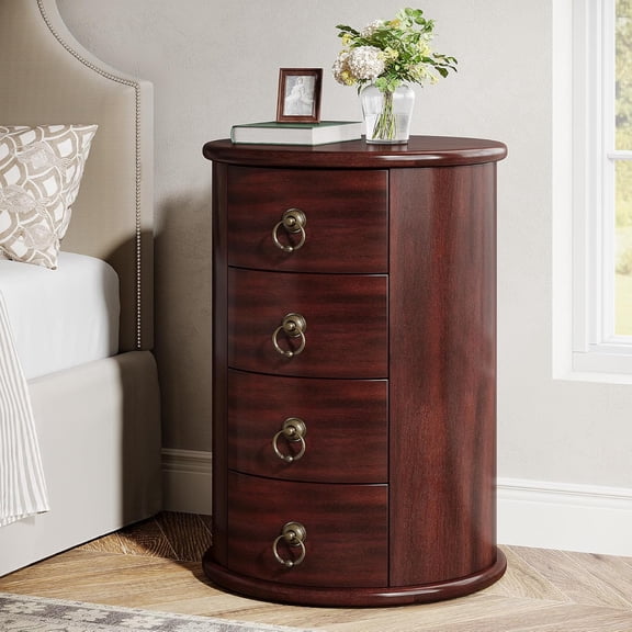 Solid Wood Round Nightstand 4 Drawers Rustic Tall Bedside Table No Assembly Required For Bedroom Living Room (Brown)
