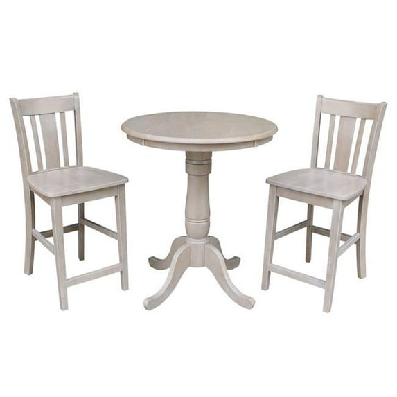 Solid Wood Round Pedestal Counter Height Table & 2 San Remo Stools Washed Gray Taupe - Set of 3