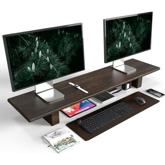 Solid Wood Rustic Desk Monitor Stand with StorageLarge Dual Monitor Stand Riser for Laptop Computer/TV/PC/Printers, Perfect Desktop Stands Organizer