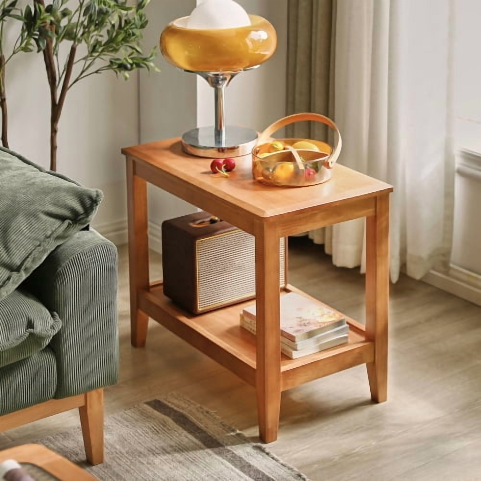 Solid Wood Rustic Side Table, 2-Tier End Table with Shelf, Rubberwood Sofa Table for Living Room, Cherry