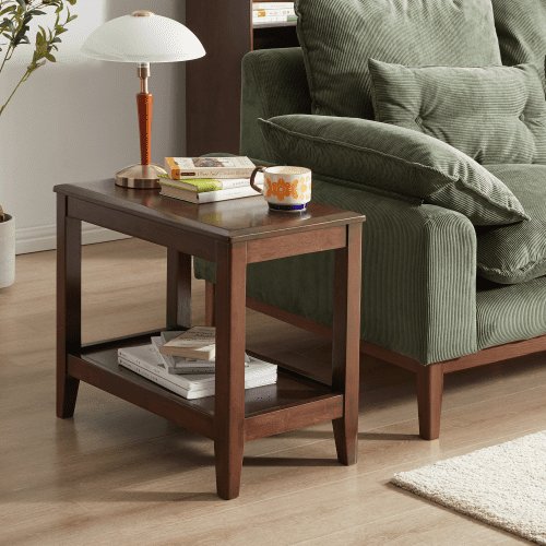 Solid Wood Rustic Side Table, 2-Tier End Table with Shelf, Rubberwood Sofa Table for Living Room, Walnut