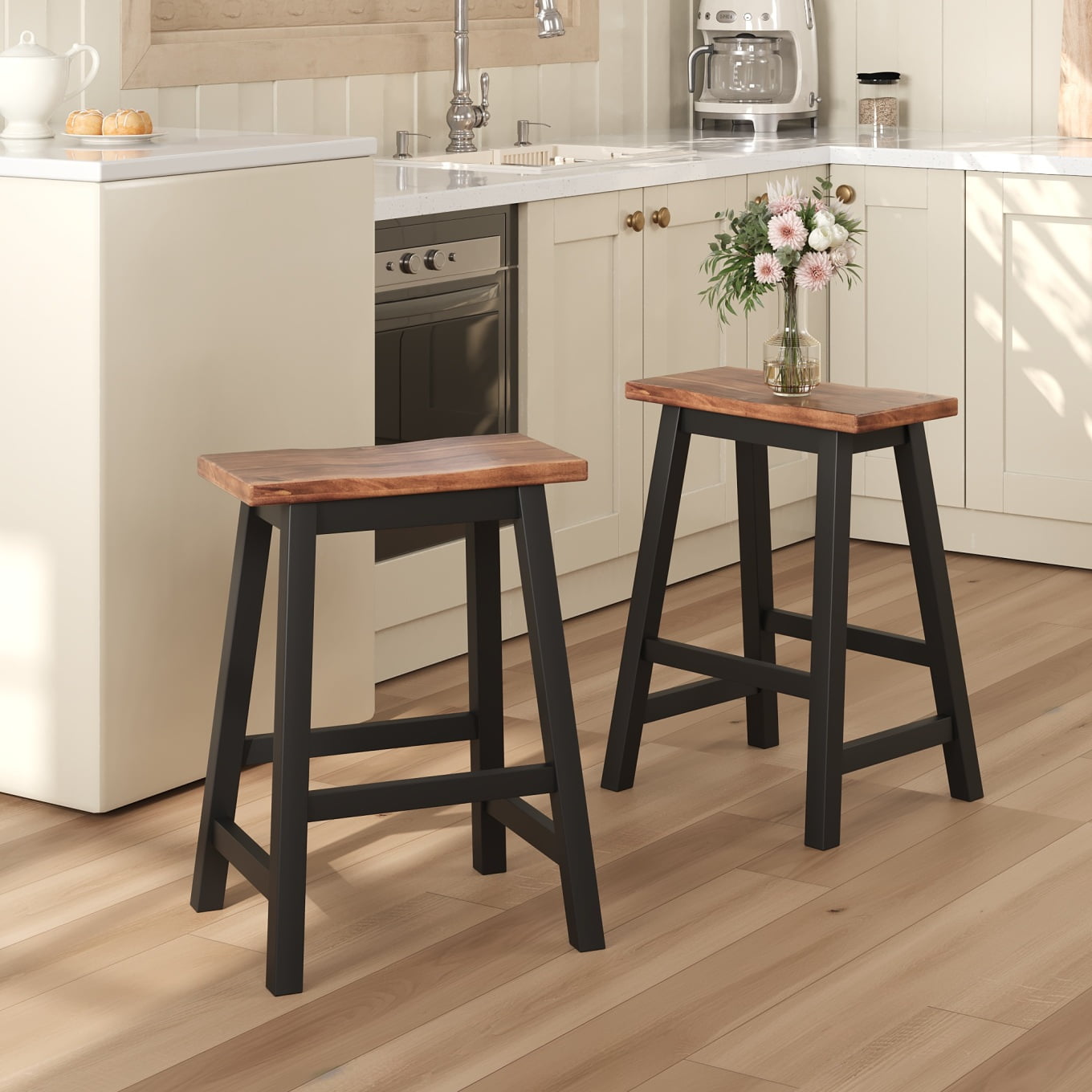 30''H Bar Stool, Solid Wood Saddle Kitchen Stools with Saddle