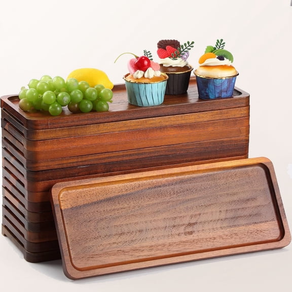 Solid Wood Serving Tray Large Acacia Party Server Platter Rectangular Charcuterie Board with Grooved Handle for Home Kitchen Cheese Appetizer Farmhouse Table Supplies