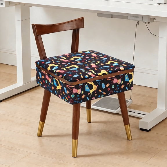 Lessmore Sewing Chair Mid Back with Storage Drawer & Solid Wood Legs Quilted Craft Chair Sturdy & Durable Craft Chair,brown