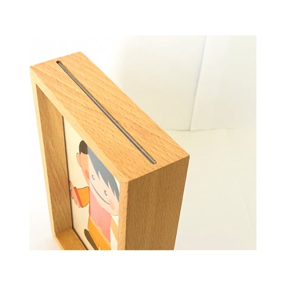 Solid Wood Shadow Box Money Bank, 5.3x3.9 Inch Dual‑Purpose Photo Frame with Top Coin Slot, Minimalist Desktop Savings Piggy Bank, Keepsake Storage Display Box for Home Decor & Holiday Gifts