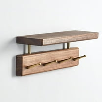 Solid Wood Shelf with Hooks, 12 inch Coat Rack Wall Mount, Shelves with 4 Brass Hooks for Hanging in Entryway, Living Room, Bathroom, Bedroom, Kitchen(Walnut)