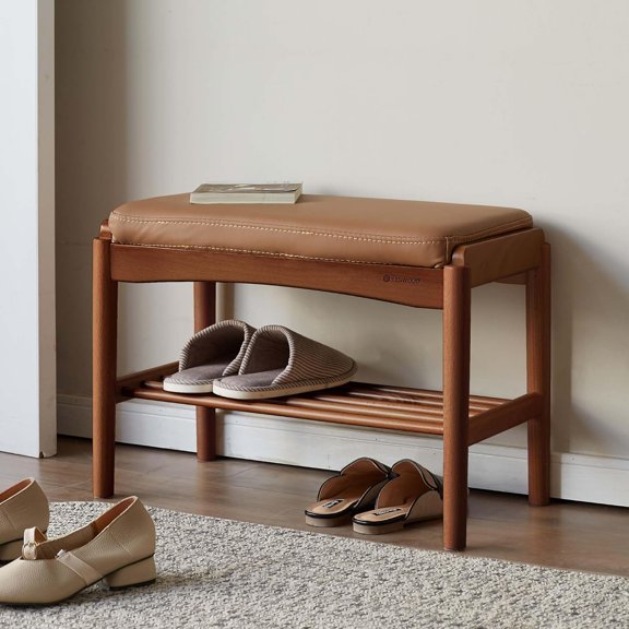 Solid Wood Shoe (Assembled), 600lb Weight Capacity, Durable Cloud-Soft Leather Upholstered Entryway for Entryway, Hallway, Living Room, Bedroom,11.8"x23.6"x16.5", Walnut
