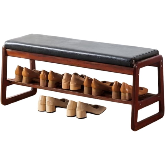 Solid Wood Shoe Bench, 2-Tier Wooden Entryway Bench, Modern Shoe Rack with Faux Leather Cushion for Hallway, Living Room (Green, 31.5'')
