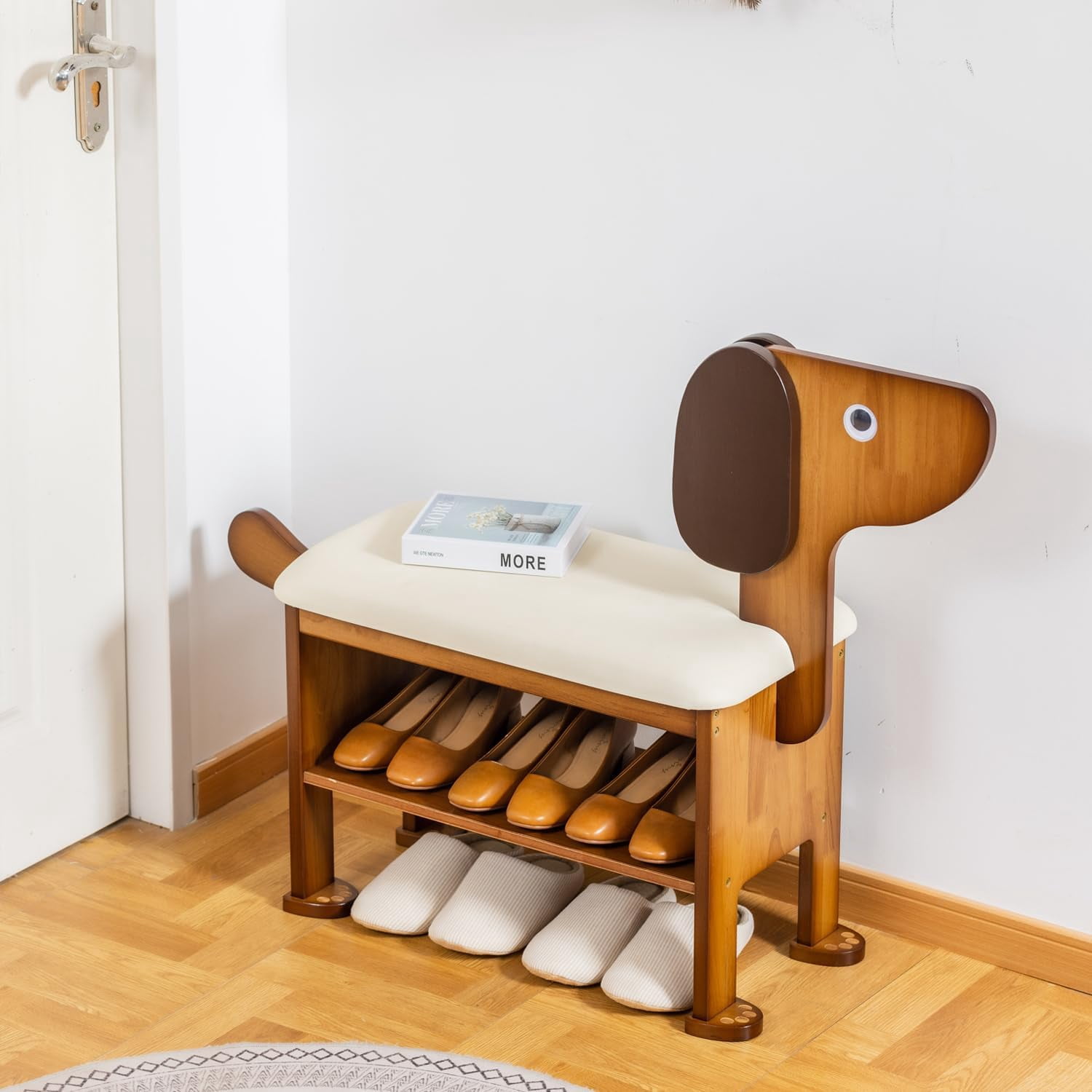 Solid Wood Shoe Bench, 2-Tier Wooden Entryway Bench, Modern Shoe Rack with Faux Leather Cushion for Hallway, Living Room