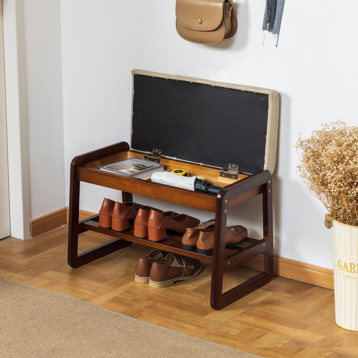 Solid Wood Shoe Bench, 2-Tier Wooden Entryway Bench, Modern Shoe Rack with Faux Leather Cushion for Hallway, Living Room