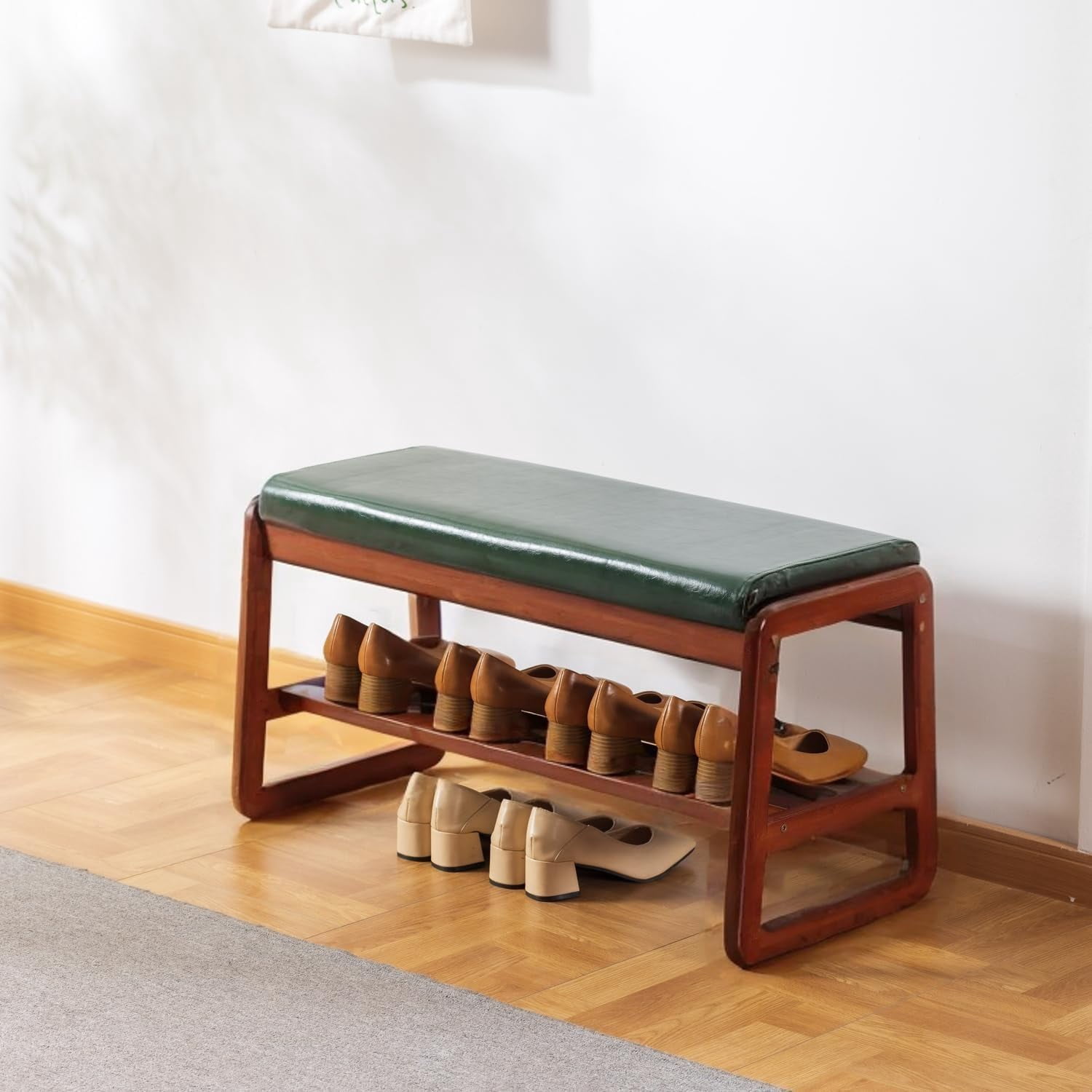 Solid Wood Shoe Bench, 2-Tier Wooden Entryway Bench, Modern Shoe Rack with Faux Leather Cushion for Hallway, Living Room