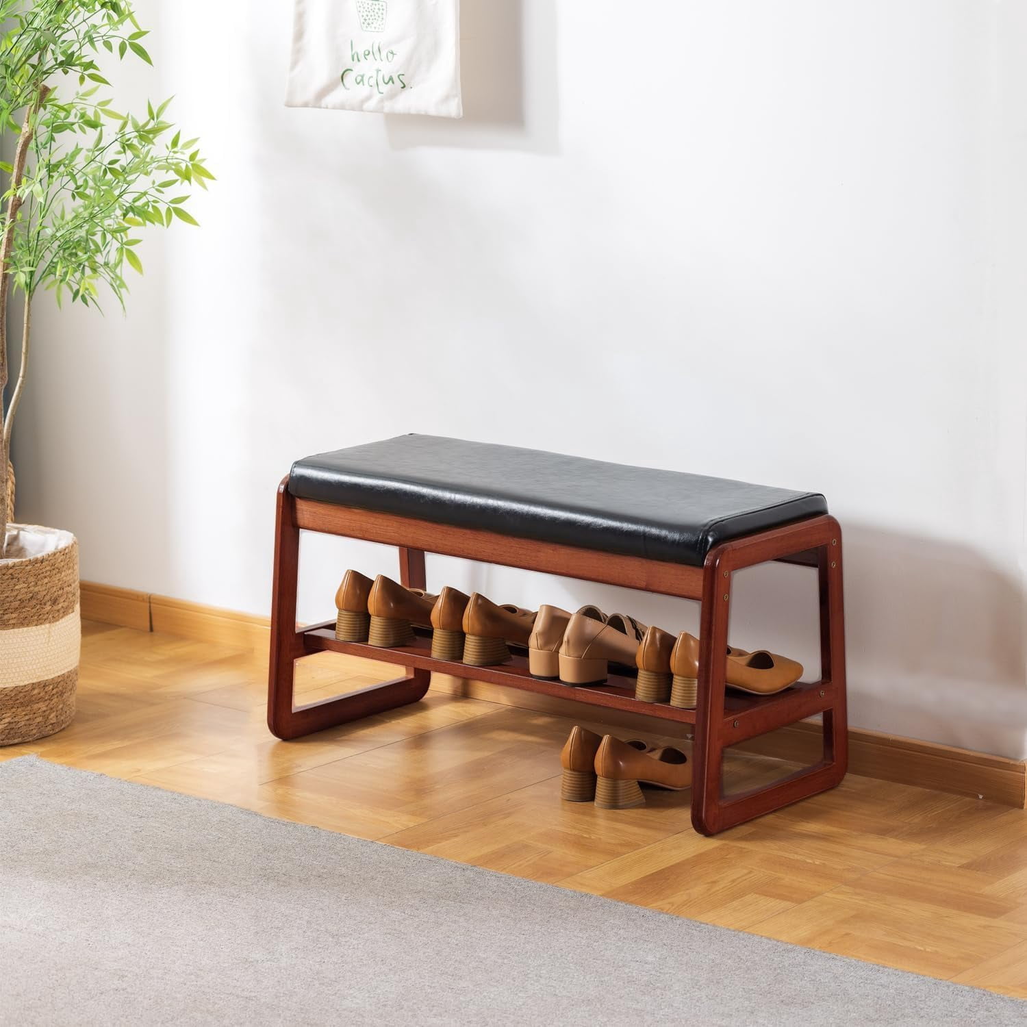 Solid Wood Shoe Bench, 2-Tier Wooden Entryway Bench, Modern Shoe Rack with Faux Leather Cushion for Hallway, Living Room