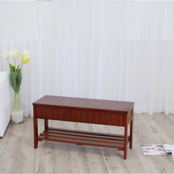 Solid Wood Shoe Bench with Storage, Cherry Finish - Space Saving Entryway Storage Bench for Small Spaces, 35.5 Inch