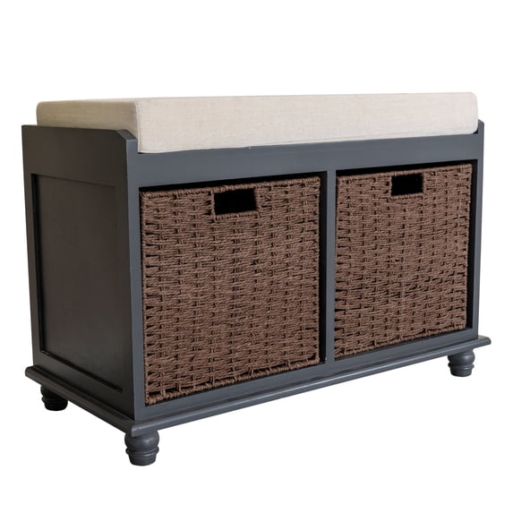 Solid Wood Shoe Storage Bench with 2 Brown Paper Rattan Drawer and White Cushion