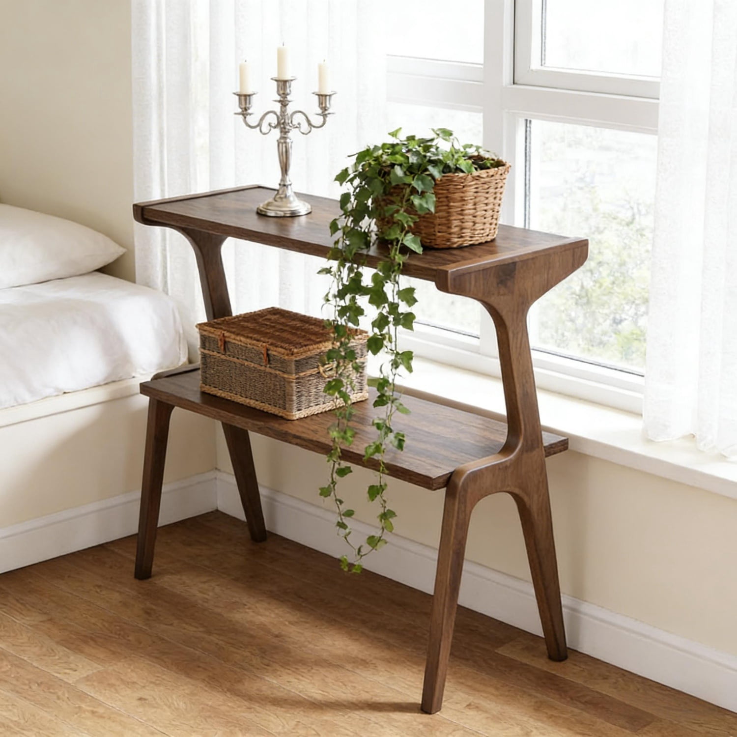 Solid Wood Side Table, 2-Tier, Rustic Brown, Waterproof Lacquer, Multifunctional Use
