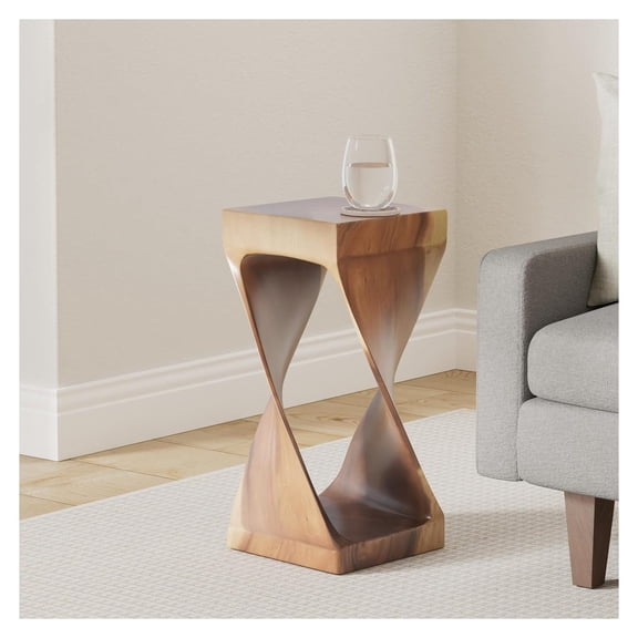 Solid Wood Side Table End Table 12 x 12 x 26 Inch Natural Glaze Finish Accent Table Carved Design for Living Room Bedroom or Home Office