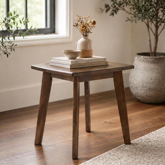 Solid Wood Side Table, Square End Table, Thickened Top, Curved Edge, Walnut
