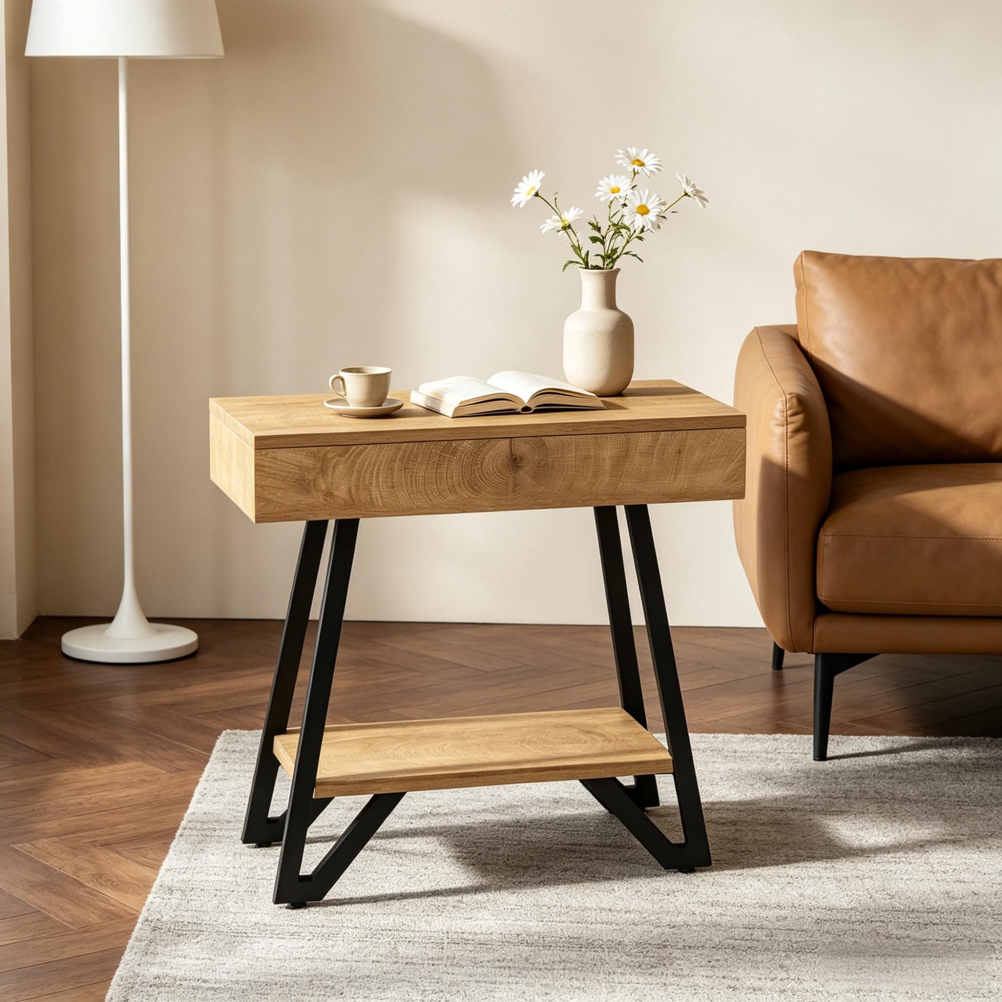 Solid Wood Side Table with A-Frame Design for Living Room