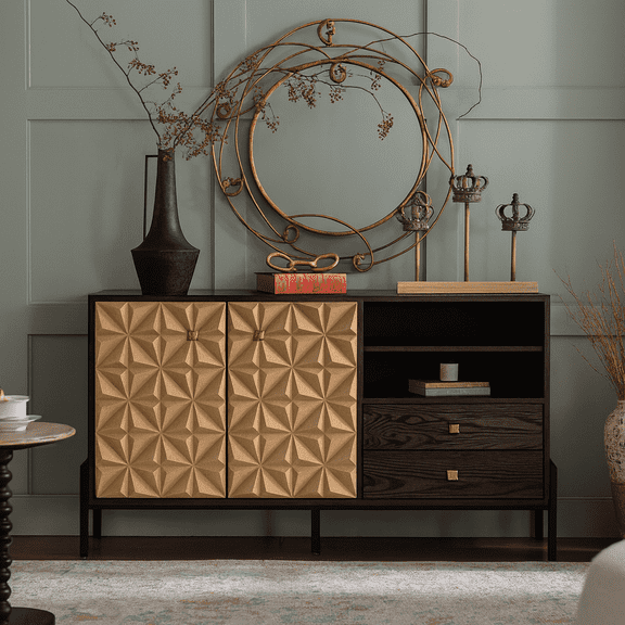 Solid Wood Sideboard with Geometric Pattern, 2 Doors and 2 Drawers,Mid Century Modern Sideboard Cabinet for Kitchen, Dining Room, Living Room