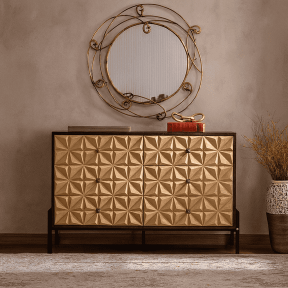 Solid Wood Sideboard with Geometric Pattern, 6 Drawers Dresser,Mid Century Modern Sideboard Cabinet for Kitchen, Dining Room, Living Room