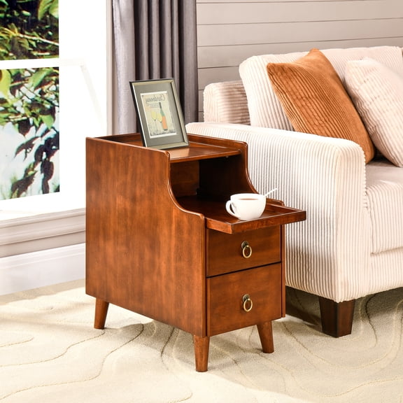 Solid Wood Slim End Table with 2 Drawers, Fully Assembled Narrow Nightstand with Open Sliding Shelf, Pre-Assembled Vintage Wooden Beside Table In Cherry for Small Space, 21.7x11.8in