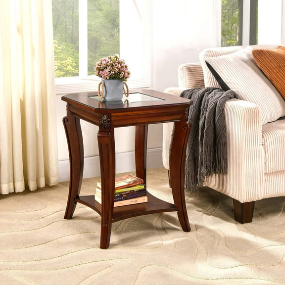 Solid Wood Small End Table with Glasstop, Vintage Square Sofa Side Table with Storage Shelf and Curved Legs, 2-Tier Bedside Tables Nightstand In Cherry,19.7"Dx23.8"H