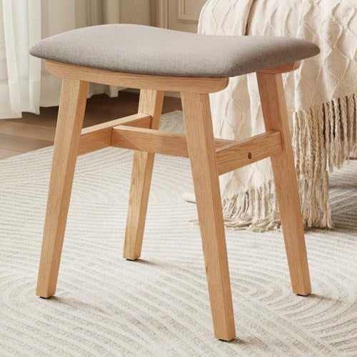 Solid Wood Small Vanity Stool Chair, Makeup Stools for Vanity Desk, Bathroom Vanity Chair, Padded Foot Stool for Living Room, Ottoman Foot Rest for Couch, Small Bench for Entryway, Natural