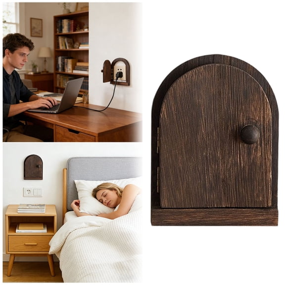 Solid Wood Socket Cover with Mini Door Design, Decorative Electrical Outlet Cover Plate, Child-Safe Anti-Shock Socket Guard for Home Decor (Natural Wood/Dark Brown)