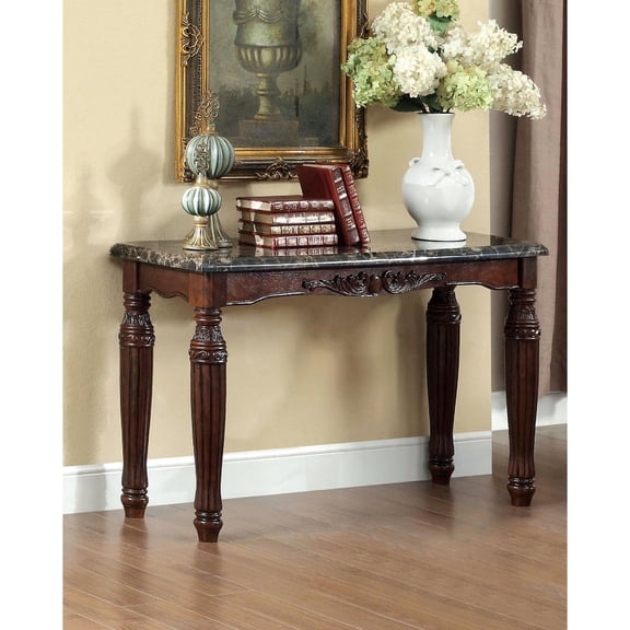 Solid Wood Sofa Table in Espresso with Faux Marble Finish / Elevates Traditional Living Room Style