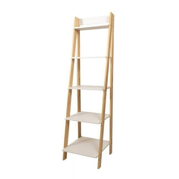 Solid Wood Split 5 Shelf Ladder with Natural Legs, White Shelves