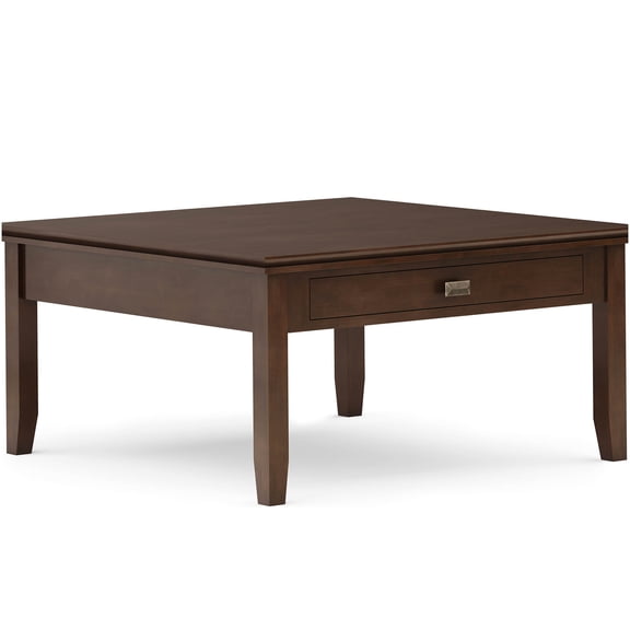 Solid Wood Square Coffee Table with Drawer, Dark Brown Finish, Transitional Design Storage Cocktail Table for Living Room