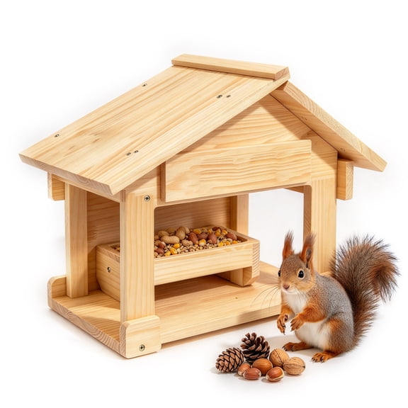 Solid Wood Squirrel Feeder with Open-Front Deck & Feeding Tray – Outdoor Wildlife Feeding Station for Backyard Squirrels & Chipmunks, Holds Corn & Peanuts – Easy Tree or Fence Mount