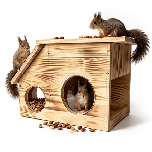 Solid Wood Squirrel Feeder with Triple View Windows - Dual-Compartment Food Bin & Perch Deck for Wildlife Observation, Holds Corn Cobs & Peanuts - DIY Paintable & Easy Mount