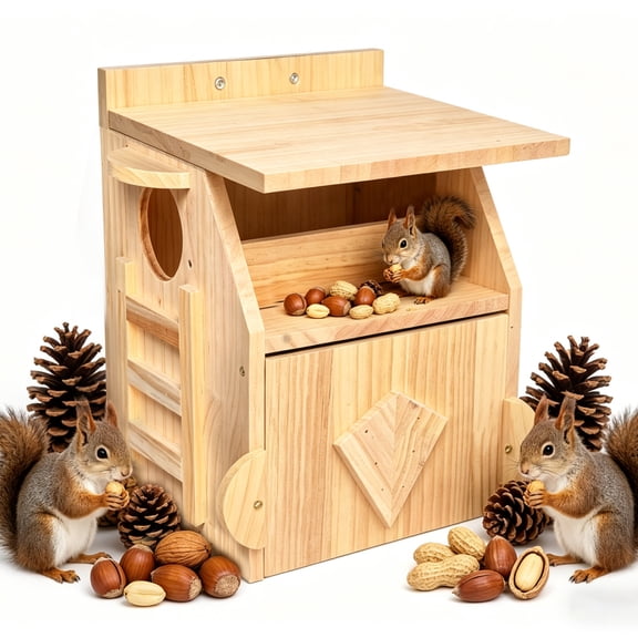 Solid Wood Squirrel House - 2-Story Nest Box with Feeding Platform & Easy-Clean Design, Easy Tree or Fence Mount for Backyard Wildlife, Watch Squirrels & Chipmunks Nest and Feed