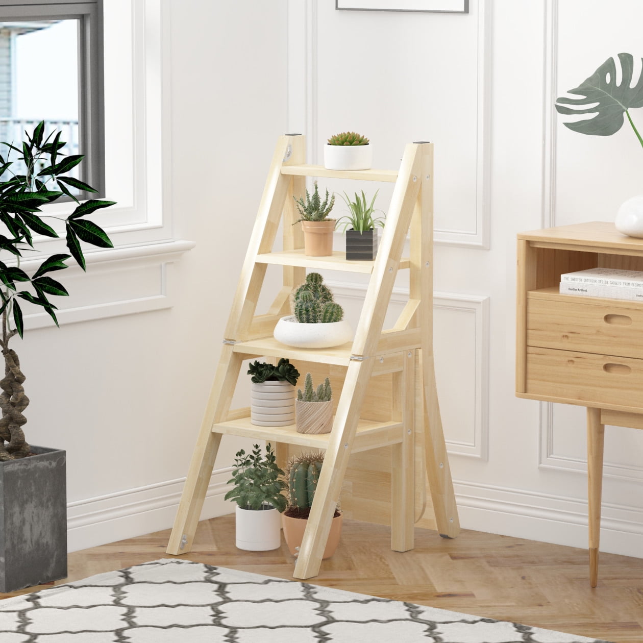 Solid Wood Step, Modern Multifunction 4-Step Library Ladder Convertible ...