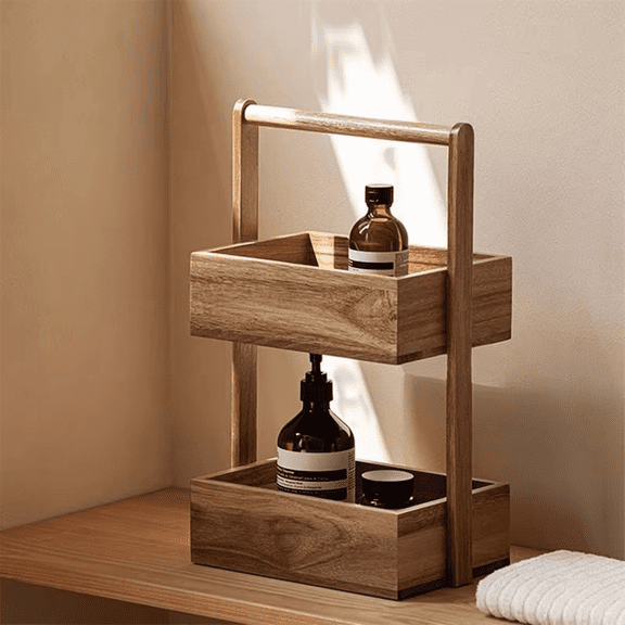Solid Wood Storage Box Double-Layer Home Decor Rack Living Room Snack Box Kitchen Fruit Vegetable Storage Tray