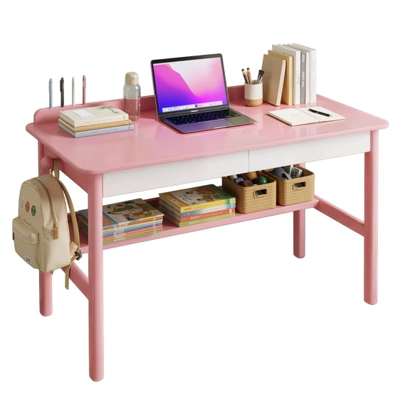 Solid Wood Study Desk, Mid-Century Modern Writing Table with Drawers, Bookshelf,  Rubberwood Workstation for Bedroom, Dorm and Home Schooling