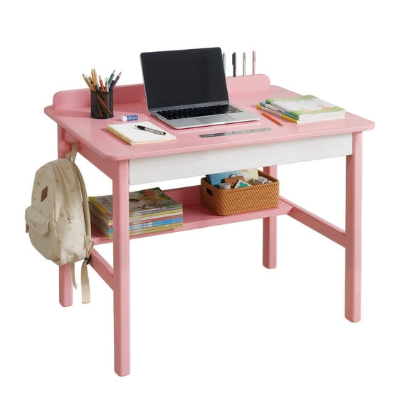 Solid Wood Study Desk, Mid-Century Modern Writing Table with Drawers, Bookshelf,  Rubberwood Workstation for Bedroom, Dorm and Home Schooling